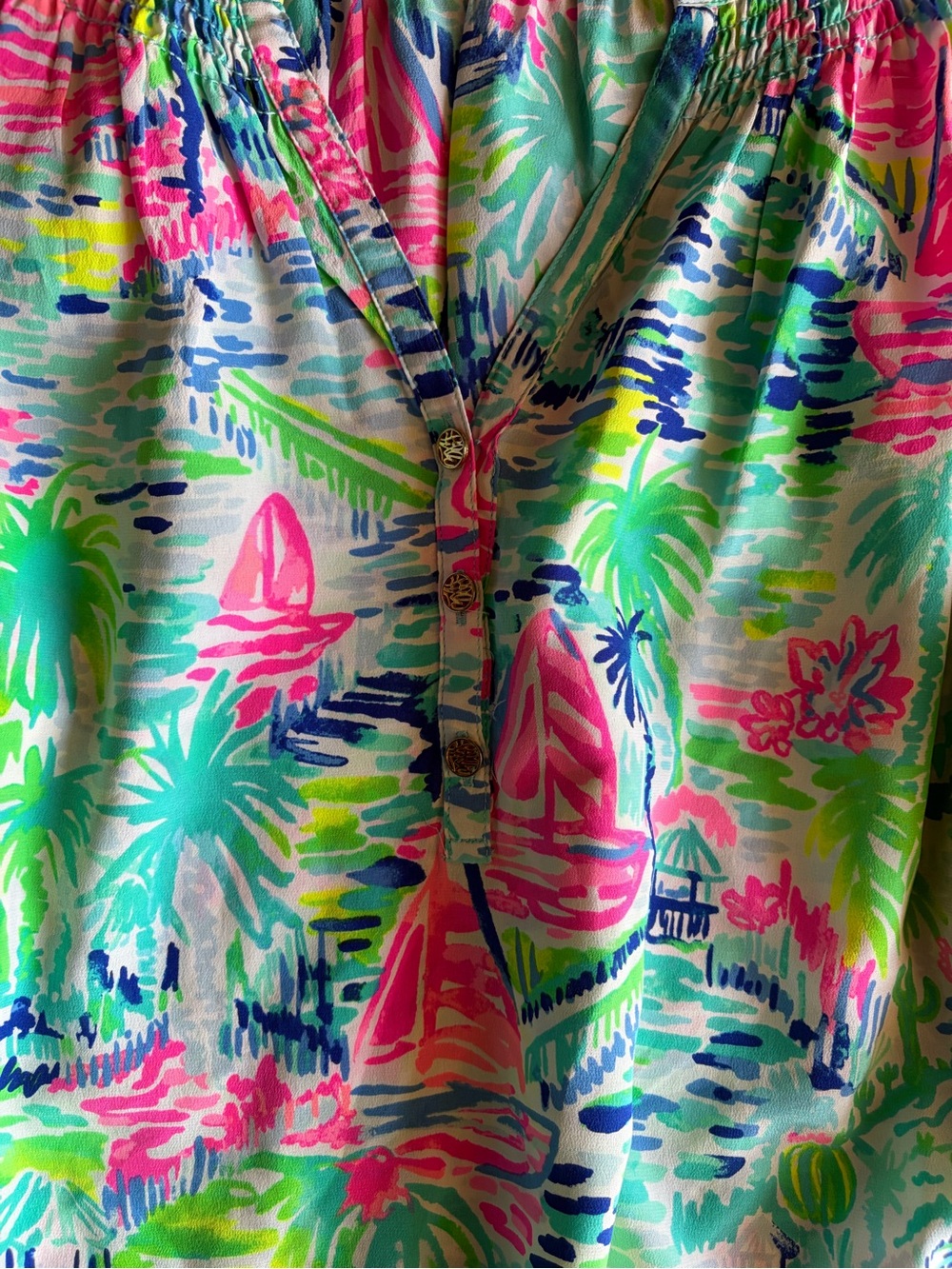 Lilly Pulitzer Elsa 100% Silk Tropical Sailboat Blouse Large Resort Coastal - Picture 2 of 5